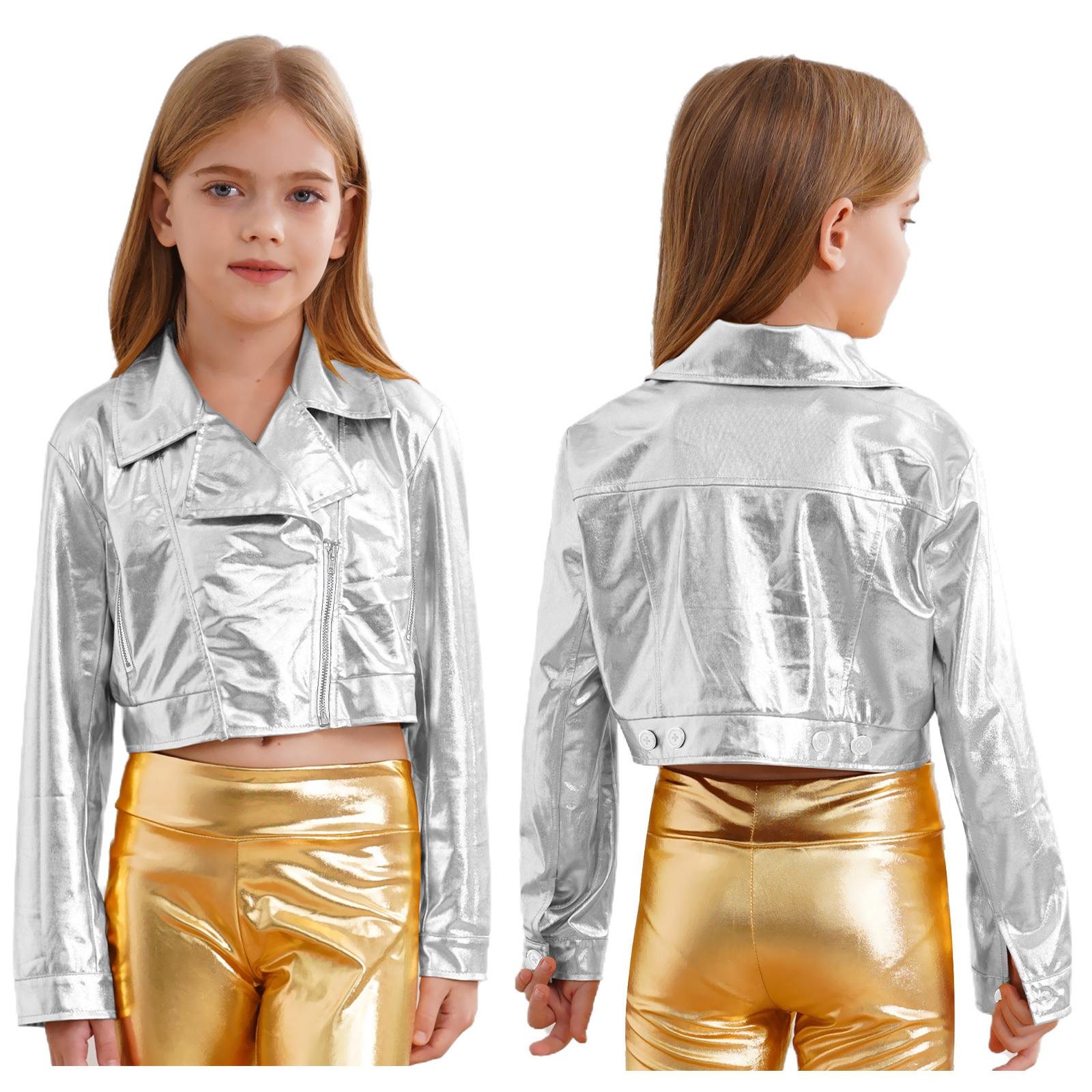

Унісекс Дитяча Металізована Куртка на Блискавці з Відкладним Коміром і Довгими Рукавами Верхній Одяг для Хіп-Хоп Танців 5-6 Years срібний