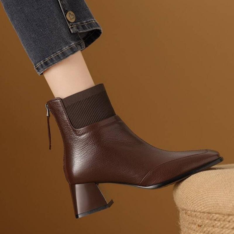 Fashion Ladies Shoes 2024 High Quality Ankle Women's Boots Fashion Back Zip Office and Career Hot Sale Square Toe Solid Shoes for Women