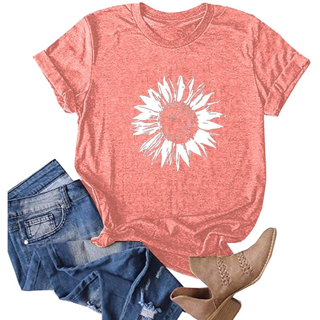 Damenmode Blumendruck O-Ausschnitt Kurzes T-Shirt Lose Bluse Top Shirt