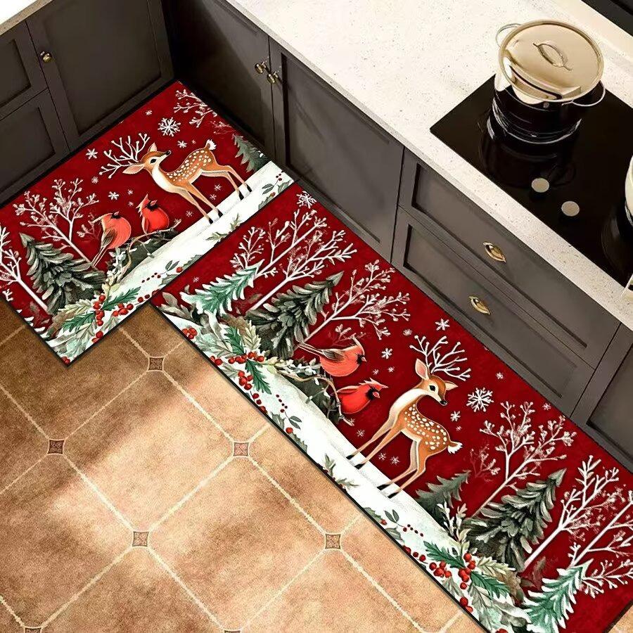 Christmas Santa Kitchen Mat Set, 2-PC Absorbent Non-Slip Floor Rugs for Holiday Decor