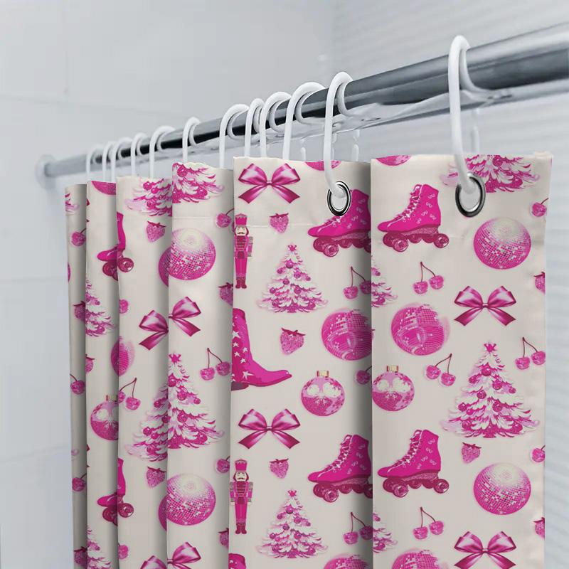 Vintage Christmas Shower Curtain with Pink Festive Print for Bathroom Decor 3D Waterproof Wall Covering Set for Home Decoration