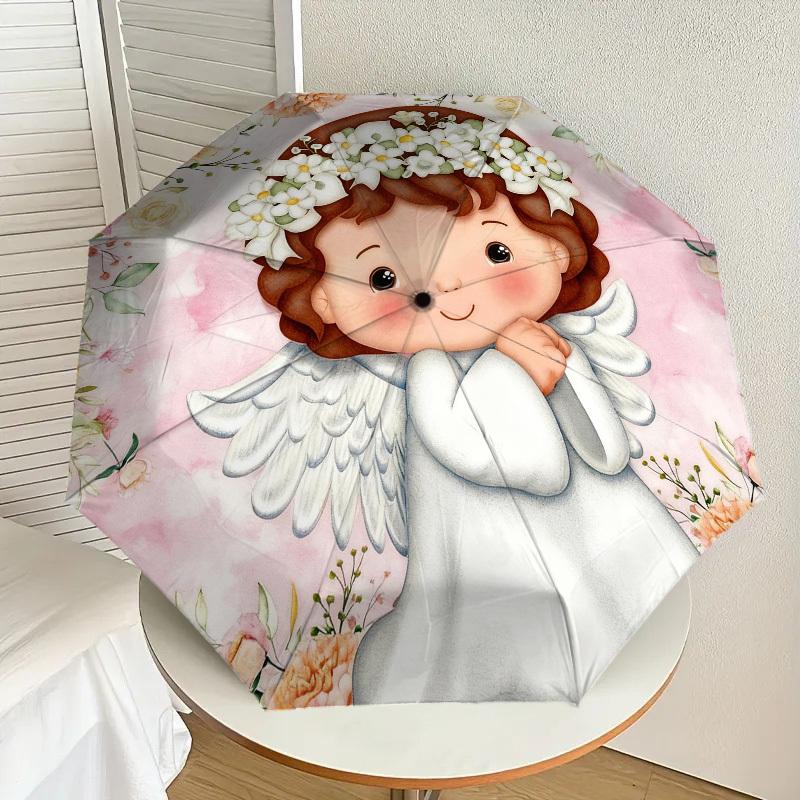 1pc Angel Flowers Automatic Folding Umbrella, Heavy Duty 8 Rib Iron Frame,  Suitable for Travel, Daily Use, Birthday, Decor Gift m0104018