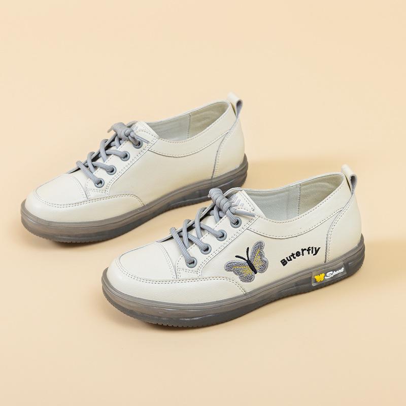 Women's White Leather Slip-On Sneakers - Spring/Autumn, Soft Sole, Butterfly Design, Casual Flats, Plus Sizes Available