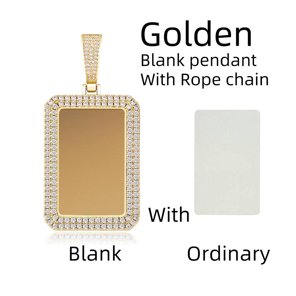 New One Custom Photo Square Medallion Pendant Iced Zircon Sublimation Hip Hop Fashion Jewelry Bling Charms Necklace-Gold Brass
