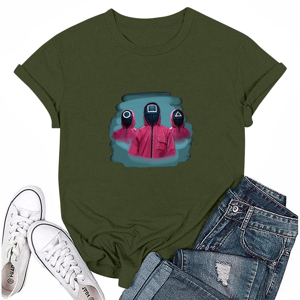 Damen Rundhals Bedrucktes Kurzarm T-Shirt Top