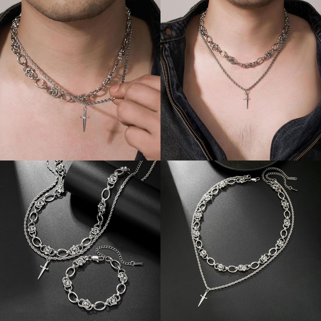 Mens Hip Hop Double Layer Spliced Sword Pendant Necklace With Geometric Design For Streetwear Style