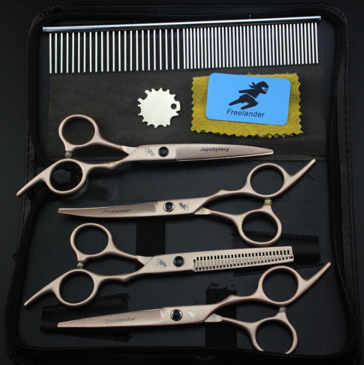 

6.0 Inch Golden Freelancer, Stainless Steel Bright 4 Packs, Pet Grooming Scissors, Straight Scissors, Curved Scissors, Set 6inch gold lacquer 4-piece set + bag + comb
