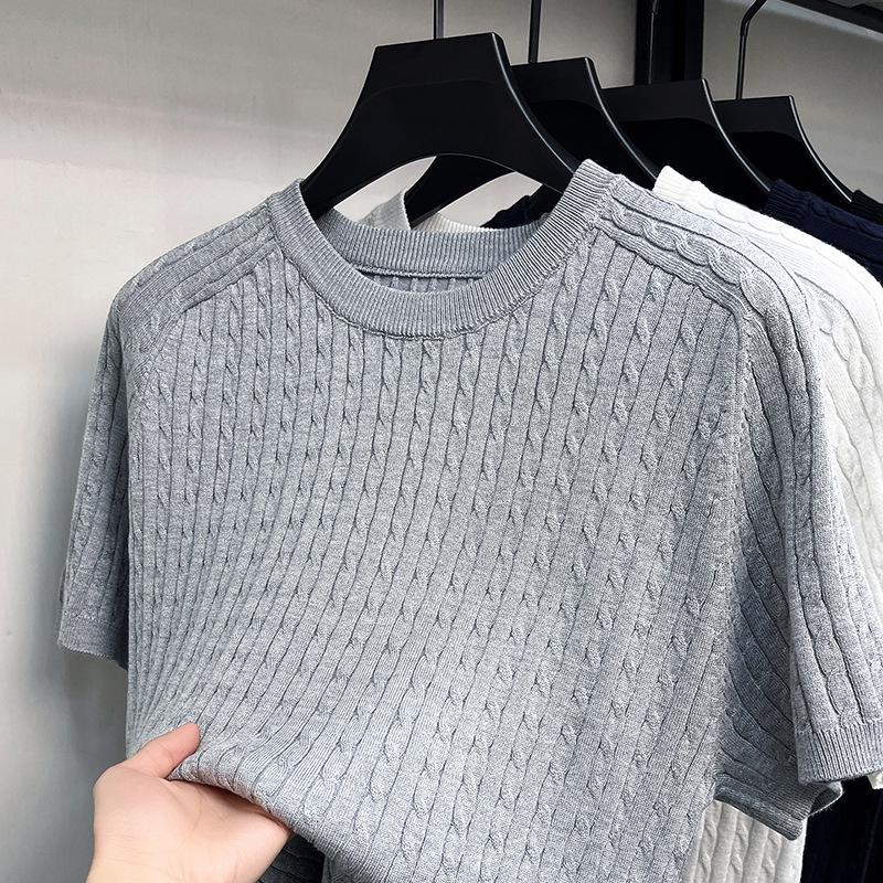 Men's Casual Loose Fit Round Neck Short Sleeve Knit T-shirt - Spring/Summer Solid Color Pullover