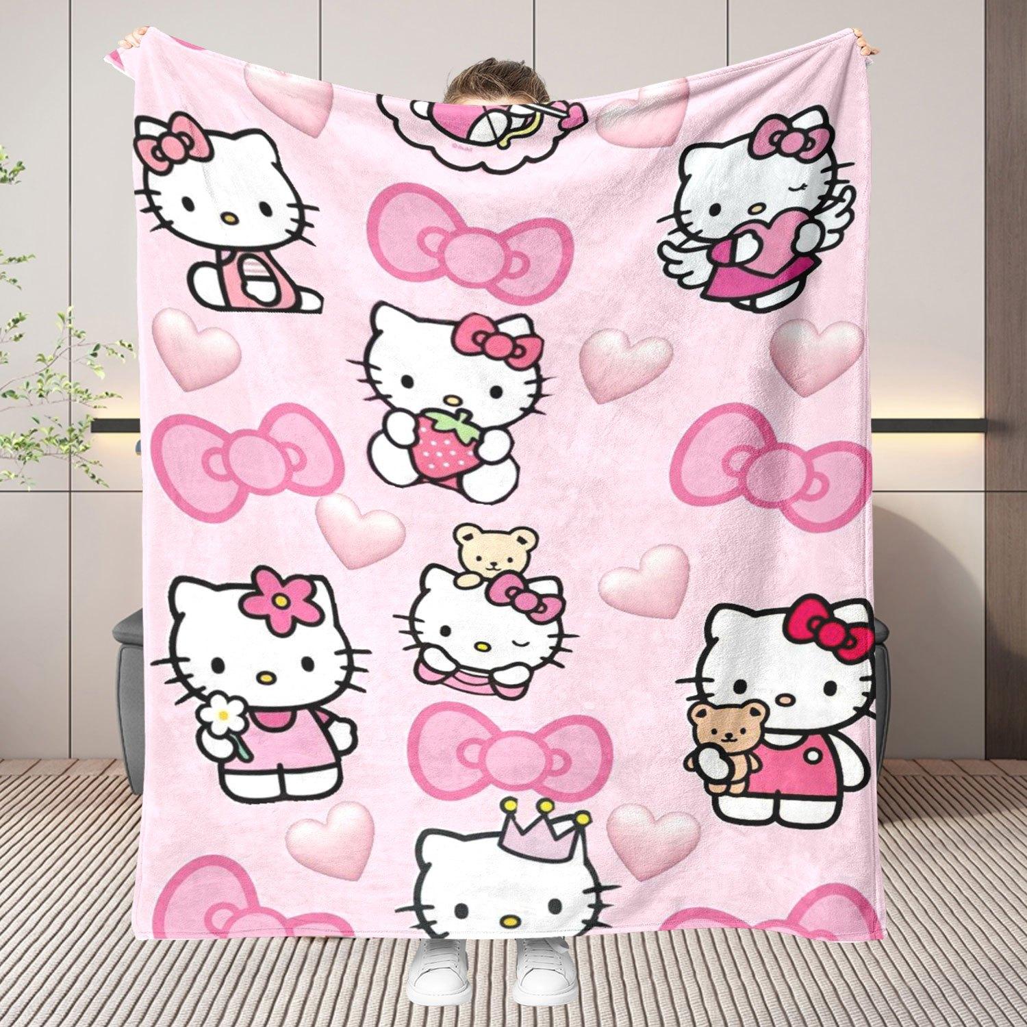 

1pc Sanrio Hello Kitty Flannel Blanket 2D Print All Season Warm Soft Throw for Bedroom Living Room Camping Travel Home Decor Hol 75cmx90cm