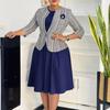 Womens Houndstooth Blazer and Midi Dress Two Piece Set with Double Breasted Buttons and Detachable Belt