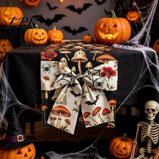 Entrance Cabinet Table Runner Halloween with Bow, Ghost Mushroom Pumpkin Skeleton Print Runner, 13 Party Supplies x 70 Inch Spooky Kitchen Dining