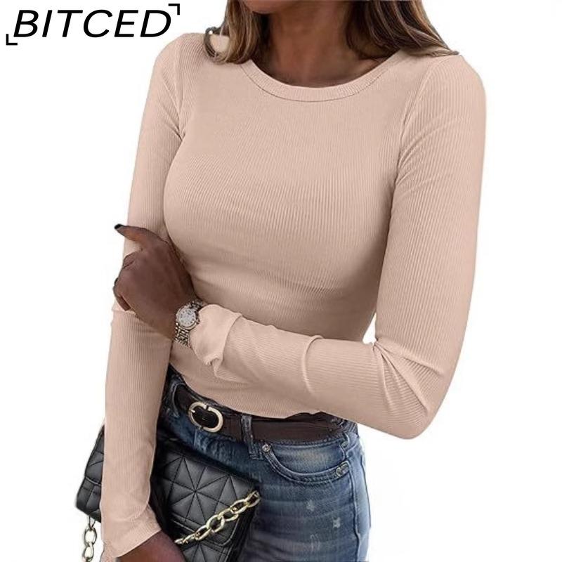 BITCED Women's Long-Sleeved Stretch O-Neck Ribbed T-Shirt Fitted Casual Basic Top
