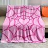 pink heart spider web design flannel throw blanket, reusable all season cozy cover, polyester, nonwoven, digital print, country