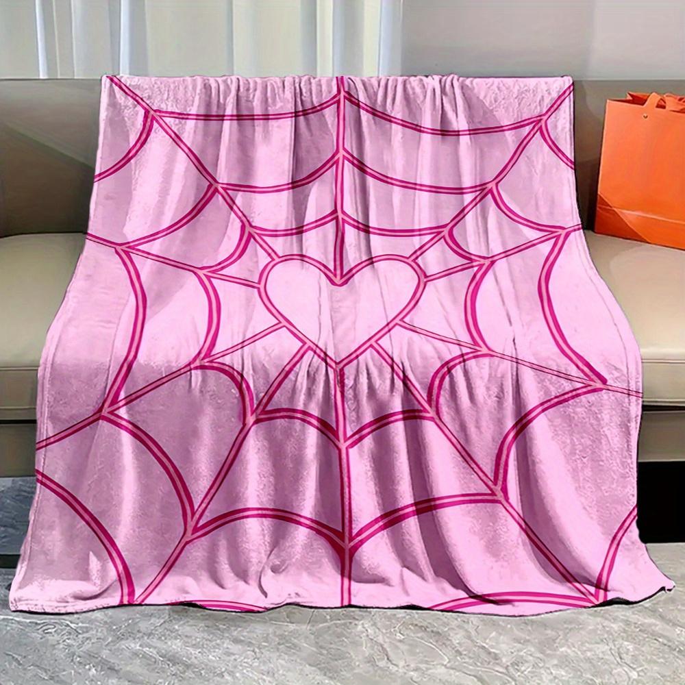 pink heart spider web design flannel throw blanket, reusable all season cozy cover, polyester, nonwoven, digital print, country