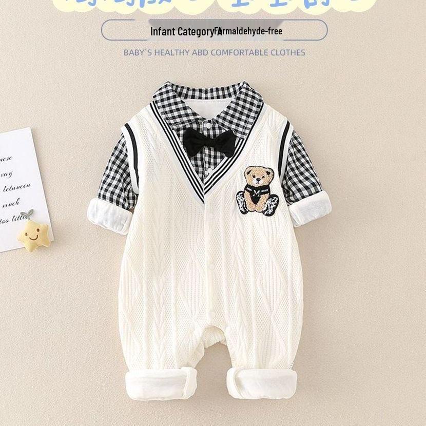 Baby Boys' and Girls' Long-Sleeve Gentleman Bear Knitted Two-Piece Bodysuit for Spring and Autumn