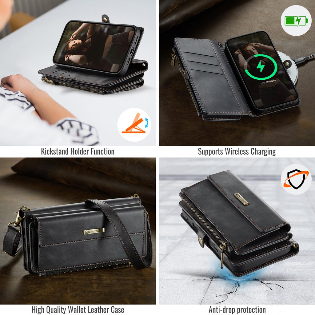 For iPhone 16 Plus CASEME C39 RFID Blocking Zipper Wallet Stand Leather Cover with Strap