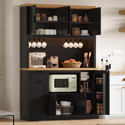 Armario de Cocina con Iluminación LED y Enchufes, Cajones de 3 Niveles y Estantes Ajustables, para Sala de Estar y Comedor, 120 × 40 × 182 cm