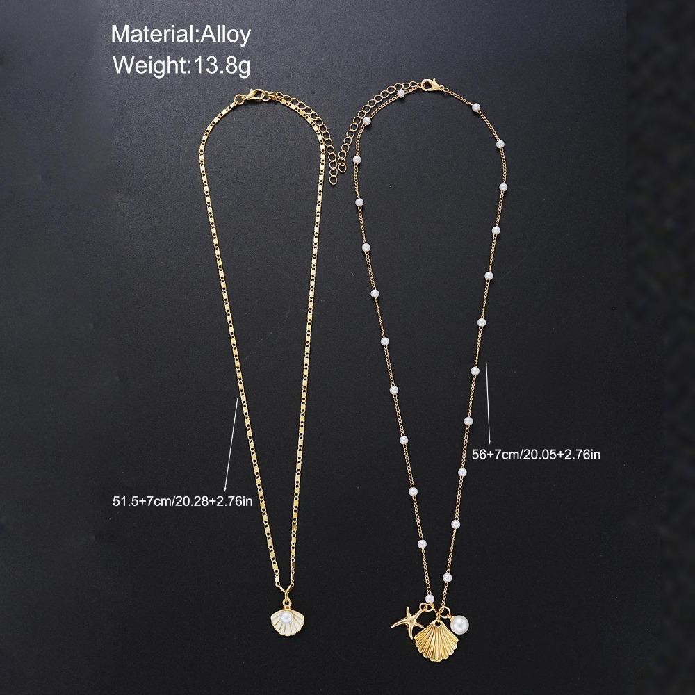 2pcs Set Fashion Boho Gold Color Marine Shell Starfish Pendant Pearl Chain Multi-layer Fold Wear Necklace for Women Jewelry Sets