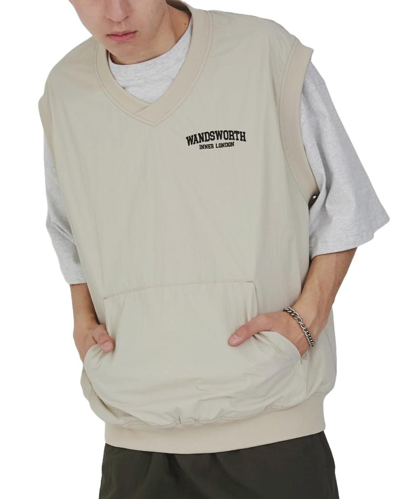 WEGO Nylon Layered Short Sleeve Loose Street Size Beige Men's 2-Piece V-Neck Vest, T-Shirt, Fit, Style, Spring/Summer Outfit, Gift, Present,