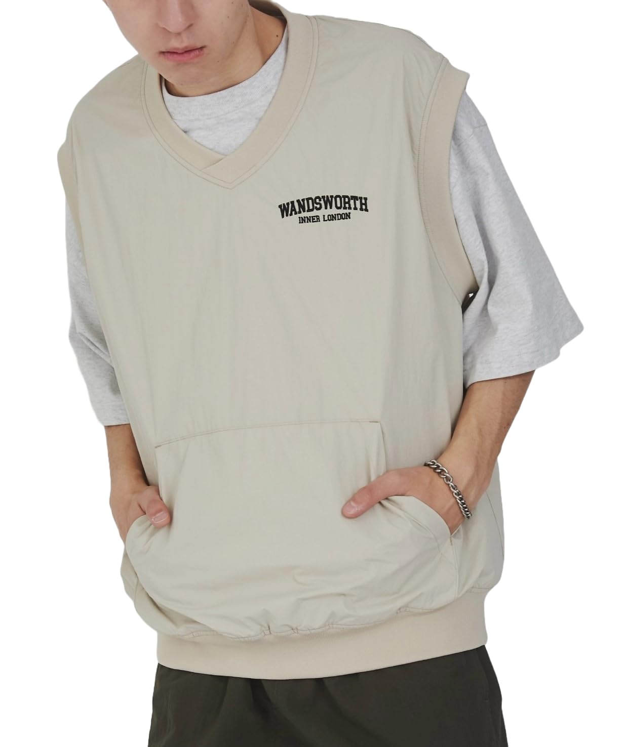 

WEGO Nylon Layered Short Sleeve Loose Street Size Beige Men s 2-Piece V-Neck Vest, T-Shirt, Fit, Style, Spring/Summer Outfit, Gift, Present, бежевый