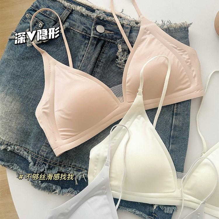 French deep V satin underwear women's small breasts gather, comfortable, high-end, thin shoulder straps, thin seamless triangular cup bra