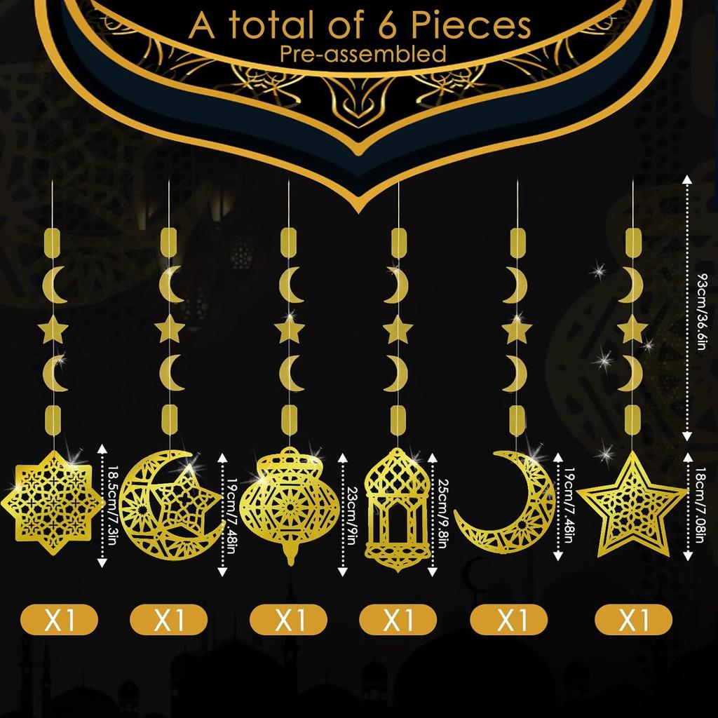 AhfuLife Ramadan Mubarak Eid Decorations for Home, 6 PCS Pre-Tied Golden Islamic Star Moon Lantern - Reble Eid Garland Streamer Eid Mubarak