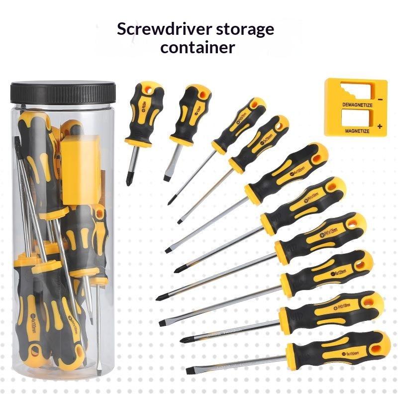 1Set Magnetic Screwdriver Set Magnetic Tips Yellow Manual Repair Tool Kit Handy Bucket Cushion Handle