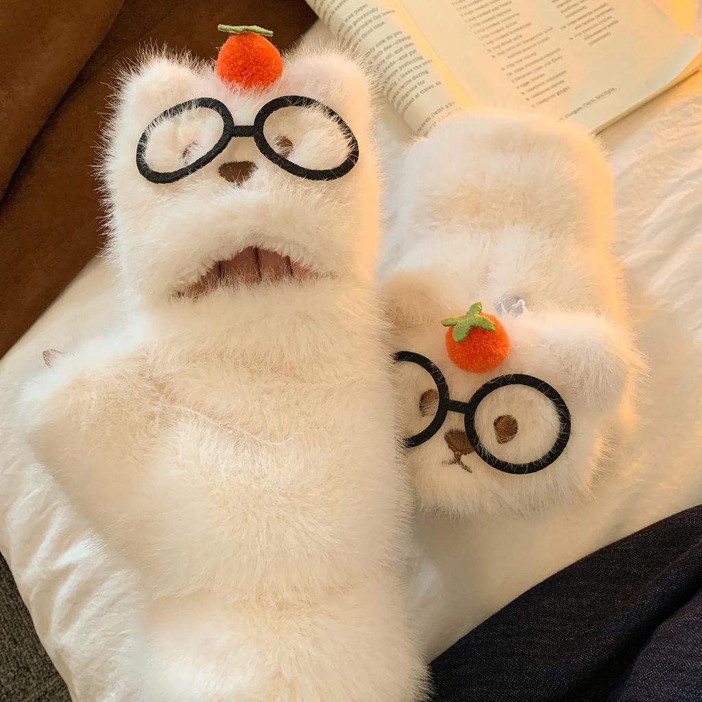 Cute Glasses Bear Plush Half Finger Flip Up Gloves for Women In Winter Cartoon Versatile Touch Screen Protection Against Cold  Wind and Warmth