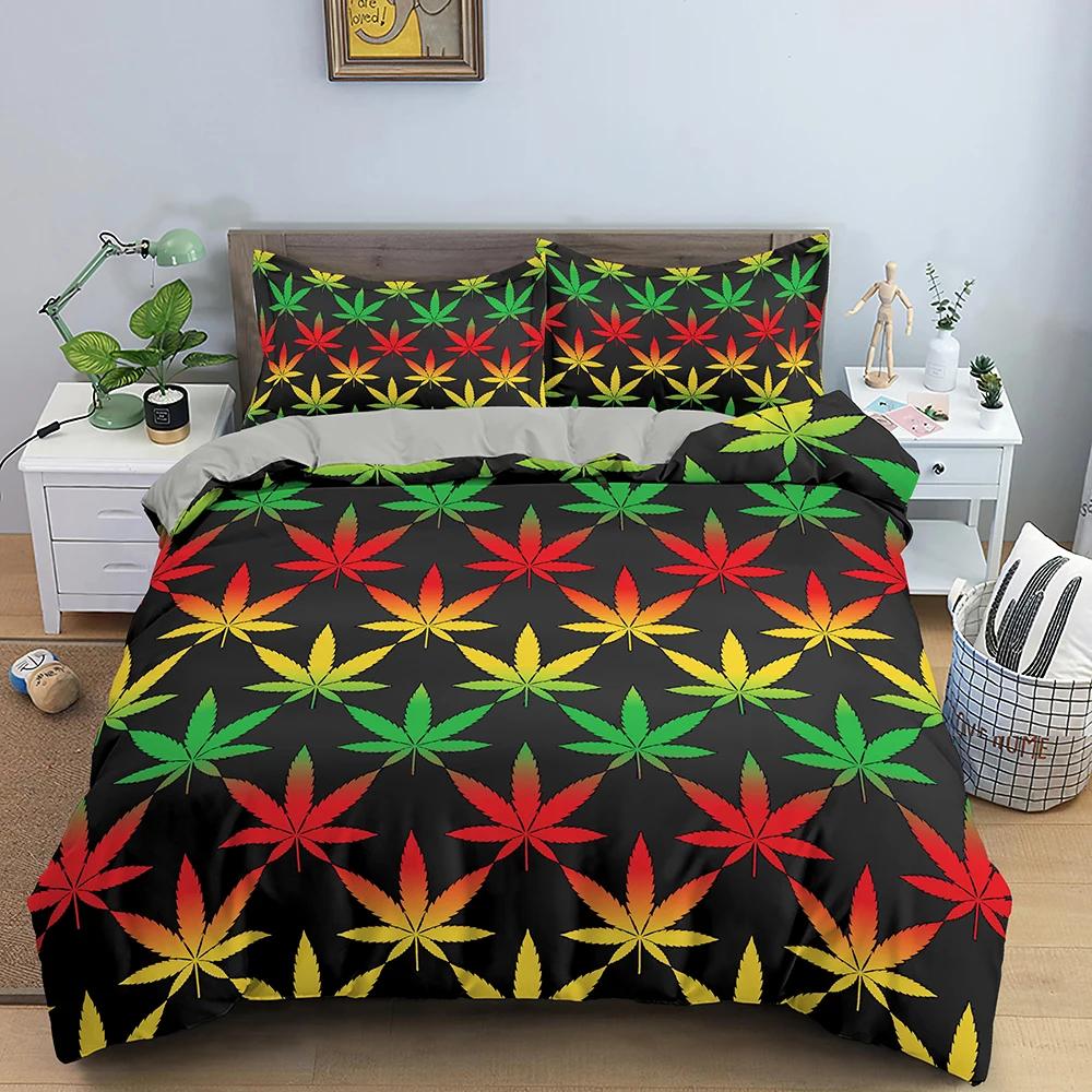 Maple Leaves King Queen Bedding Set Psychedelic Weed Leaf Duvet Cover Colorful Stripes 2/3Pcs Polyester Quilt Cover
