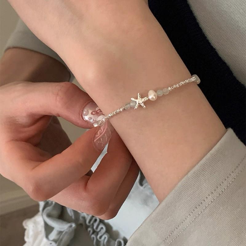 Sterling Freshwater Pearl Bracelet With Starfish Shell Charm Minimalist Layering Jewelry Women