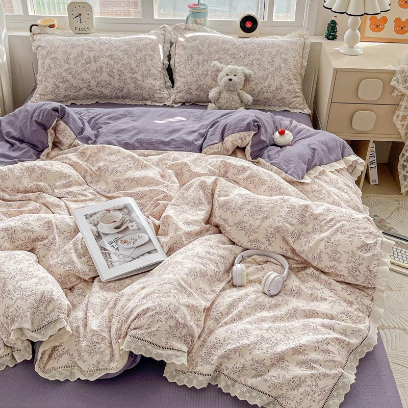G5Z25 Cloud-Feel 4-Piece Double-Layer Gauze Lace Bedding Set - Washed Cotton Duvet Cover and Bed Sheet, Ins Style.