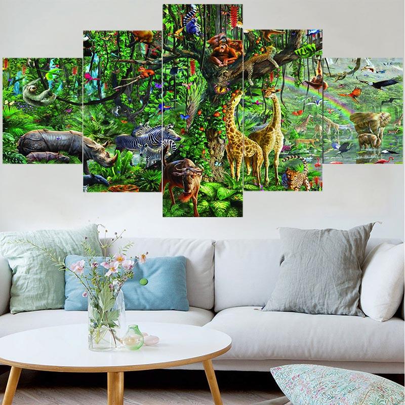 5Panels Tropical Jungle Plant and Animal Landscape Canvas Painting Posters and Prints Wall Art Home Decor for Kids Room No Frame