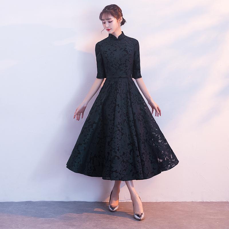 

Evening dress new spring medium and long navy blue party dress dress dress looks thin S чёрный