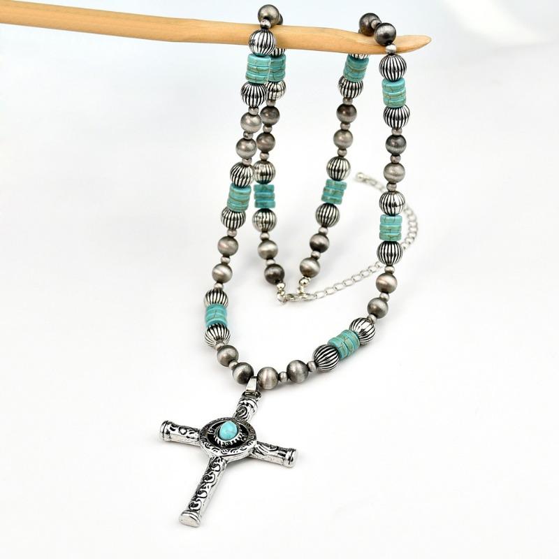 GemChic Women's New Vintage Turquoise Beads Alloy Cross Pendant Necklace Ethnic Chain Fashion Birthday Christmas Jewelry Gift