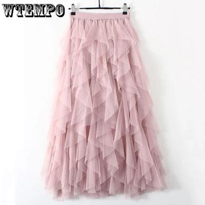 Tutu Tulle Solid Long Maxi Skirts Women Large Size Korean Cute Pink Black White High Waist Pleated Mesh Skirt