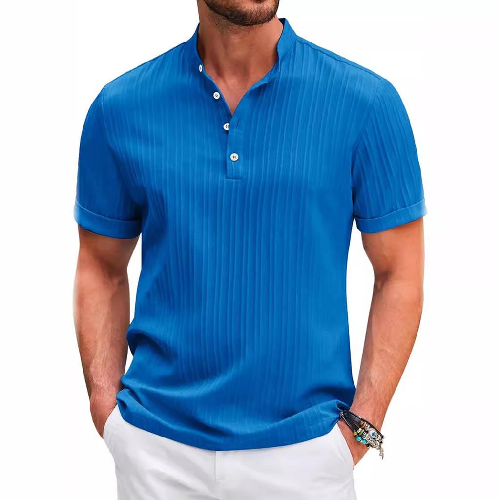Men'S Summer Casual Collarless Short Sleeved Button Top