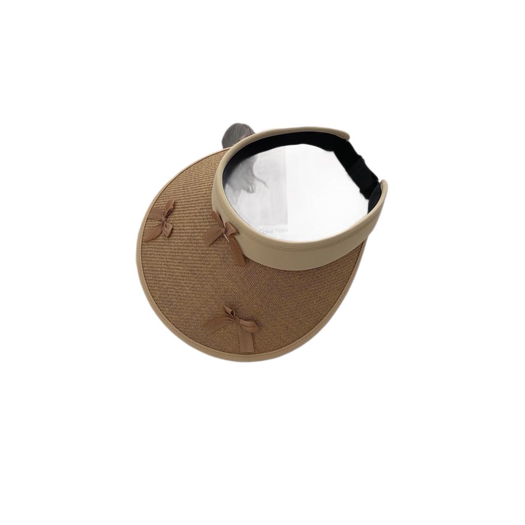New straw vinyl bow empty top sunscreen hat women's summer outdoor big eaves breathable face small sun hat