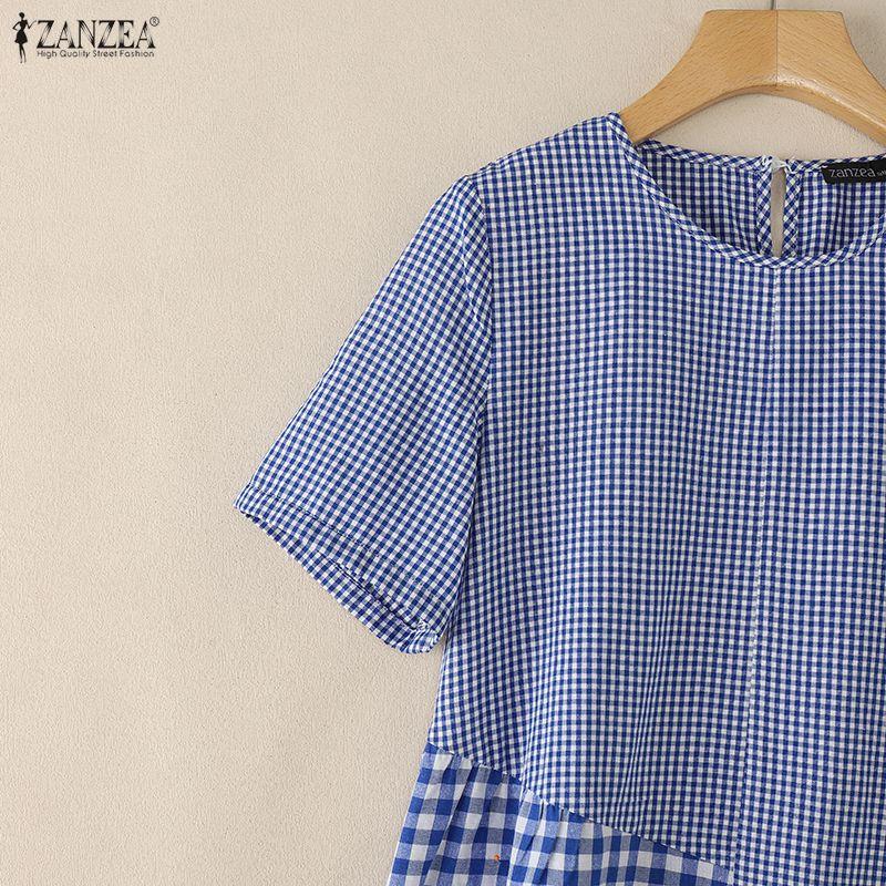 ZANZEA Women Casual Round Neck Short Sleeve Plaid Print Dress