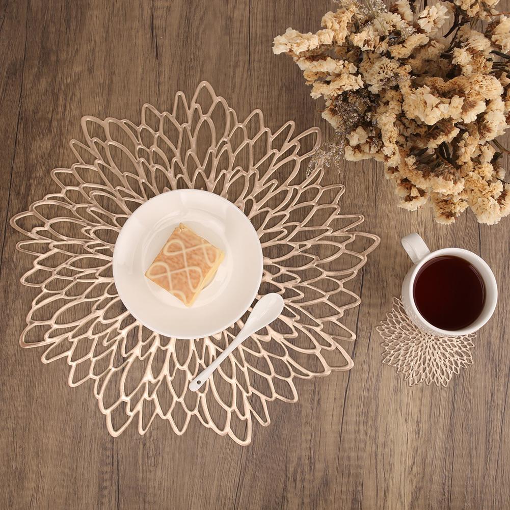 Sets of 4/6 Gold Floral Leaf Hollow Out PlacematsCoasters Vinyl Kitchen Dinning Table Place Mats Wedding Party Washable Decor