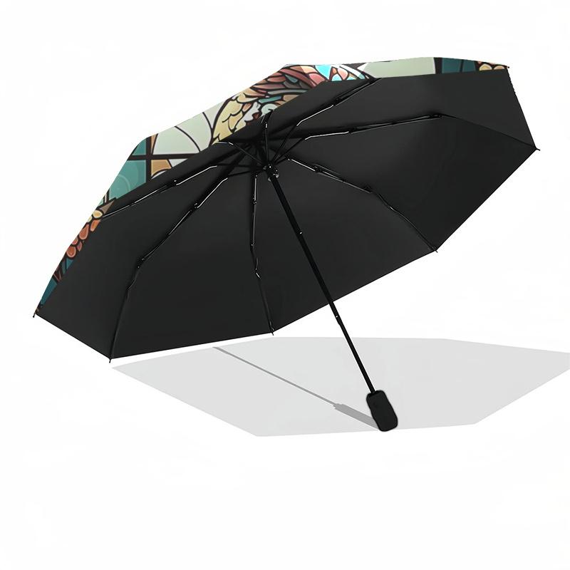 Stained Owl Design Automatic Opening Folding Umbrella with 8-Bone Iron Frame, Suitable for Fans, Travel, Daily Use, Ideal Gift for Outdoor E