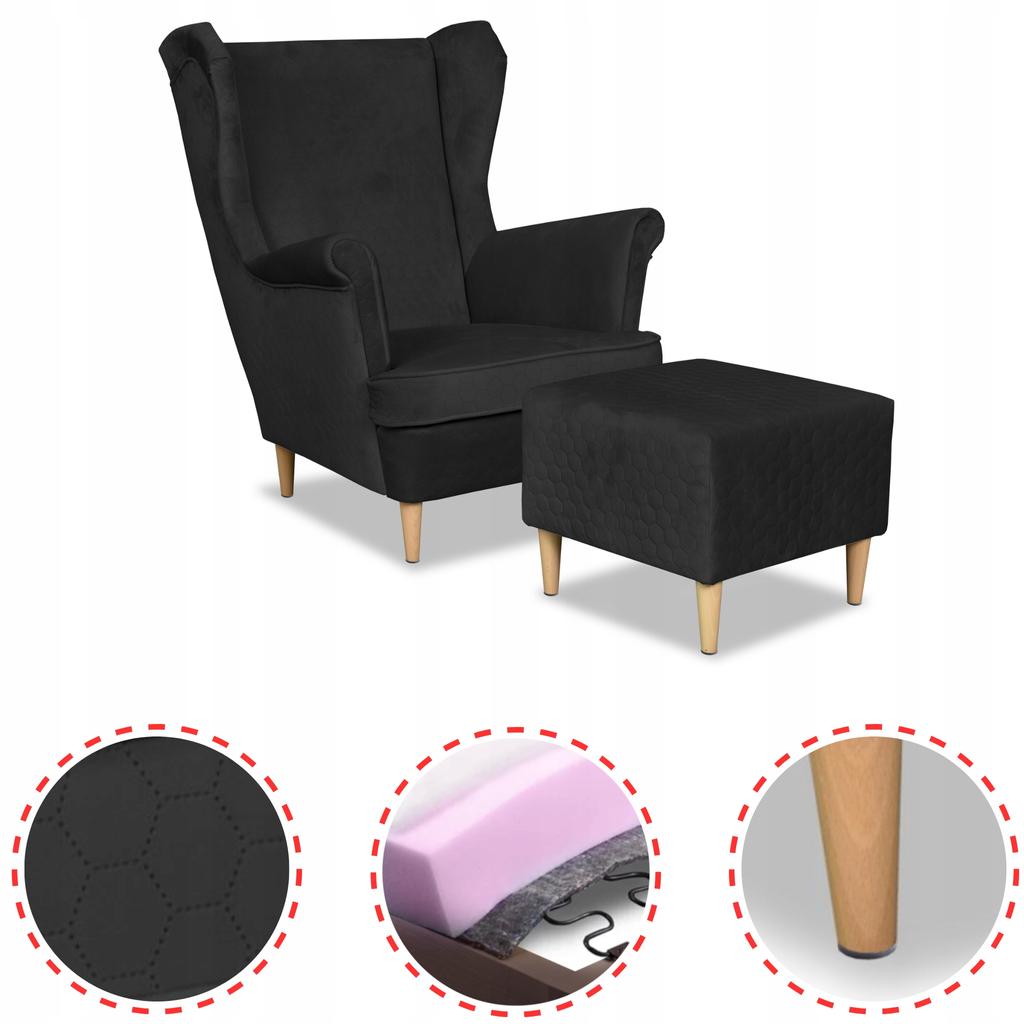 Angelo Wing Chair with Footrest Scandinavian Family Meble Black Velvet