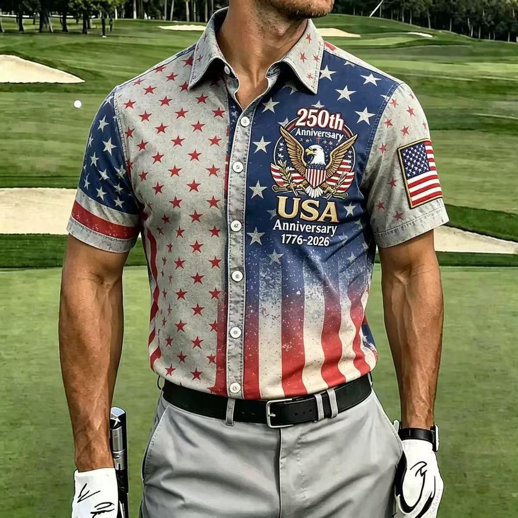 2026 New Men's American Flag 3D Printed Polo Shirt Summer Casual Short Sleeve Lapel Trend Sports