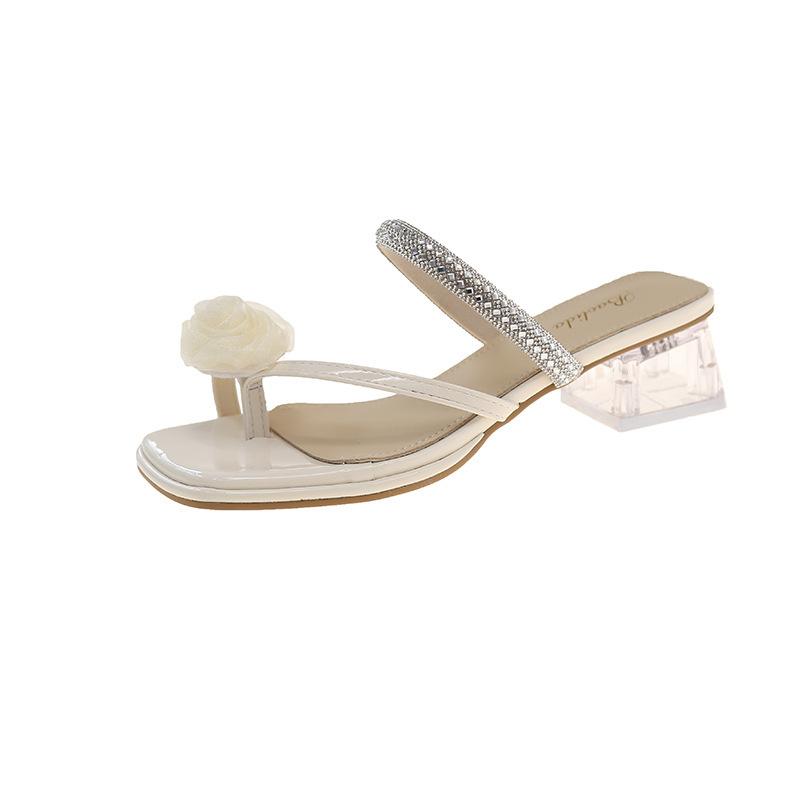 Wunderschöne Blumen Zehentrenner Hausschuhe Damen Sommer Strass mit Zehensandalen dicker Absatz Fee mit Rock Sandalen