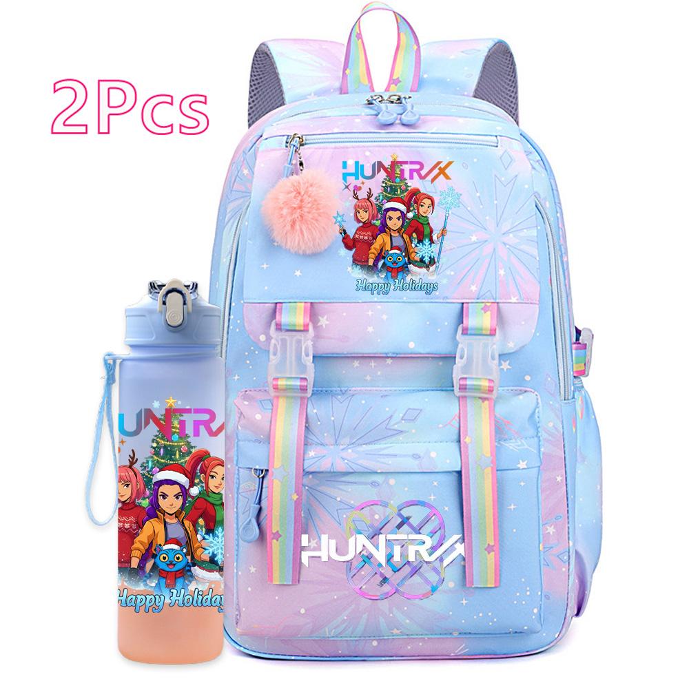 2Pcs/set Christmas K-pop Printed Backpack with 750Ml Water Bottler Large Capacity Travel Bag for Teenager Girl Boy Bookbag Kid Gift Large Capacity Bag