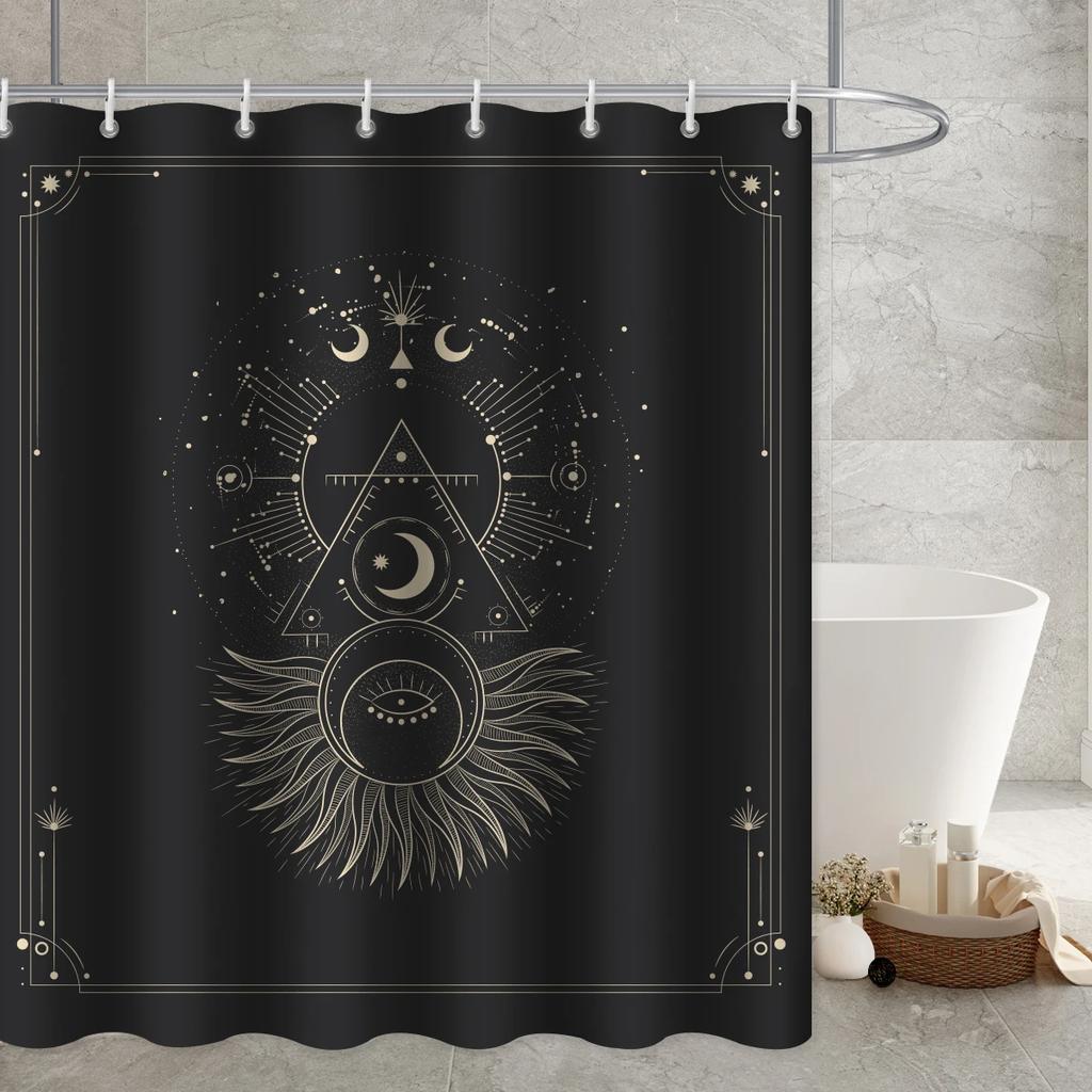 Black Mysticism Shower Curtain Liner Sun and Moon Modern Waterproof Bathroom Curtains Accessories with 12 Hooks Bathtub Curtain