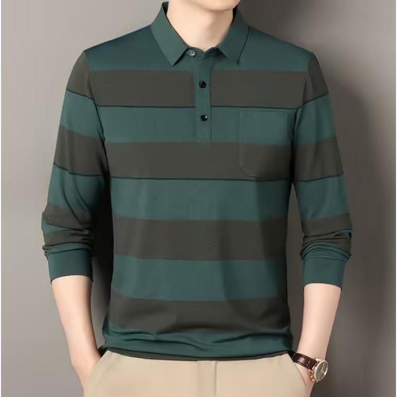 Men S Wide Striped Long Sleeve Turn Down Collar Polo Shirt