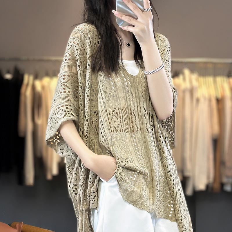 Spring/Summer V-Neck Loose Knit Cardigan with Sun Protection.