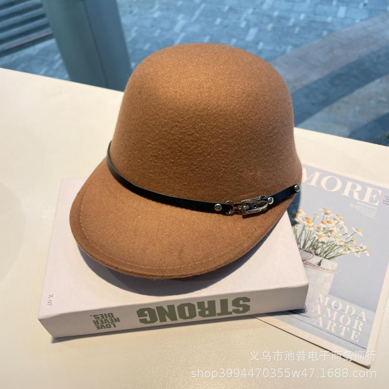 Autumn and winter British retro leather buckle decorative woolen equestrian hat, socialite outdoor temperament age-reducing versatile felt basin hat
