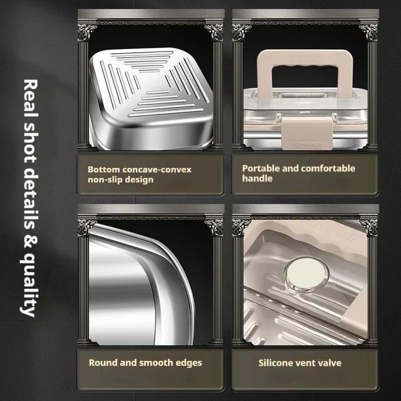 Stainless Steel Handle Lunch Box Food Grade Refrigerator Storage Box Microwave Household Large Capacity Sealed Picnic Box