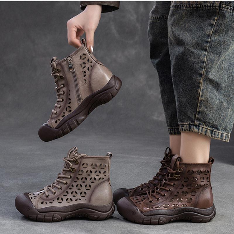 Johnature Damenschuhe aus echtem Leder, weiche Sohle, hohle Sommerstiefel, vielseitige, atmungsaktive Vintage-Sandalen